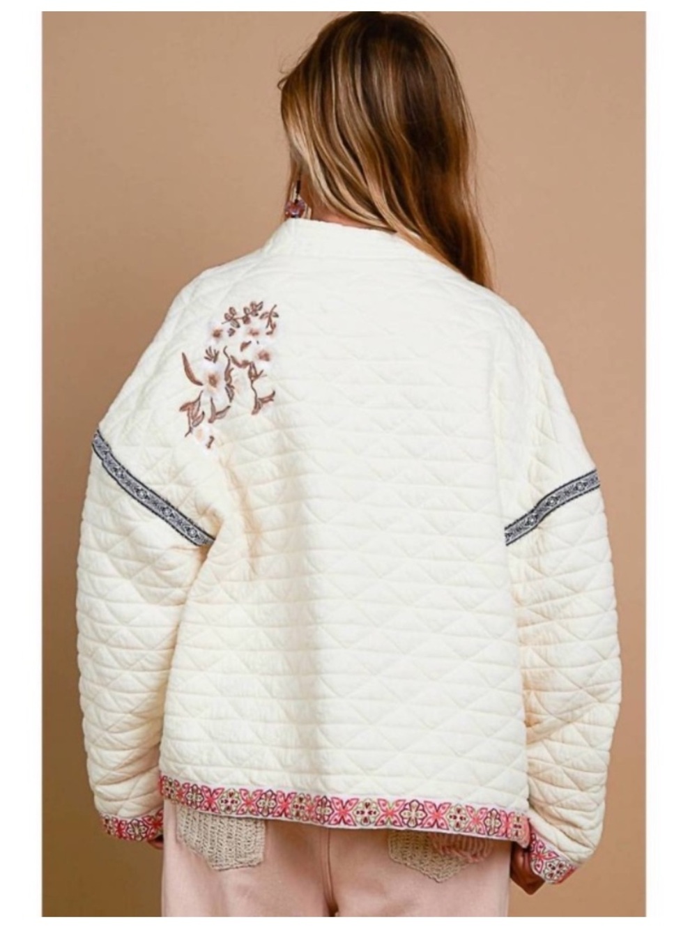 POL Cream Quilted Embroidered Jacket in Ivory Like New Bohemian Sz L - Picture 2 of 14